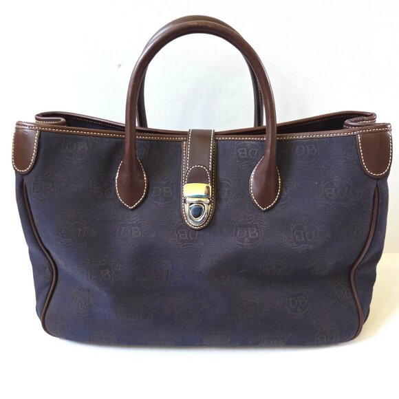 Dooney & Bourke Purse Navy Signature Monogram Double Handle Tote Preppy Travel - Picture 1 of 16